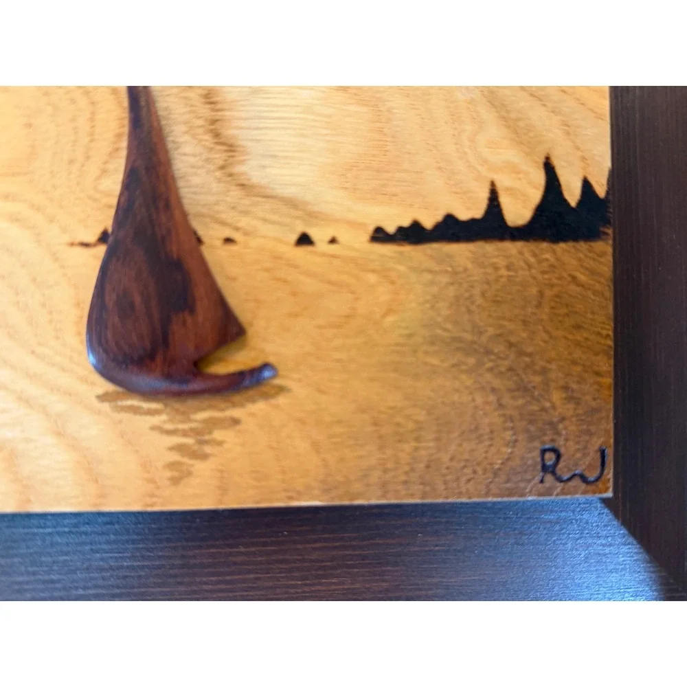 Robert W Johnson Wood Marquetry Sailboat Sunset Signed California Art Picture